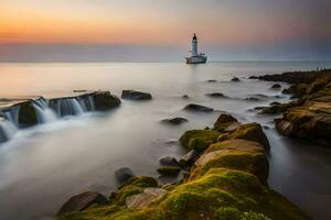 un' faro a tramonto con rocce e acqua. ai-generato foto