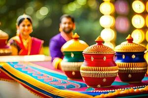un' coppia nel tradizionale indiano abbigliamento sedersi su un' tavolo con colorato pentole. ai-generato foto