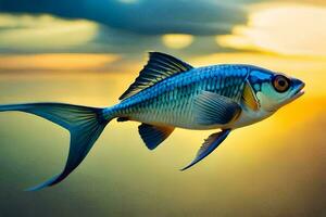 un' pesce è volante nel il aria a tramonto. ai-generato foto