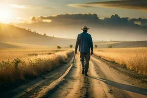 un' uomo a piedi giù un' sporco strada a tramonto. ai-generato foto