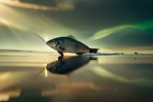 un' pesce è in piedi su il spiaggia con un' leggero nel il cielo. ai-generato foto