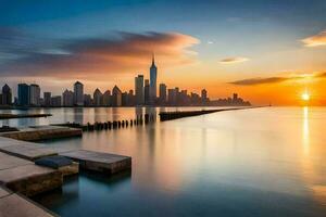 il orizzonte di Chicago a tramonto. ai-generato foto