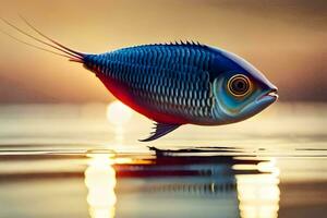 un' pesce è galleggiante nel il acqua a tramonto. ai-generato foto
