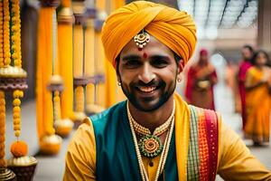 un' uomo nel un' turbante sorrisi per il telecamera. ai-generato foto