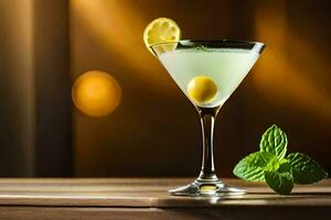 un' Martini con Limone e menta su un' di legno tavolo. ai-generato foto