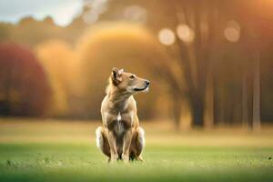 un' cane seduta nel il erba guardare su. ai-generato foto