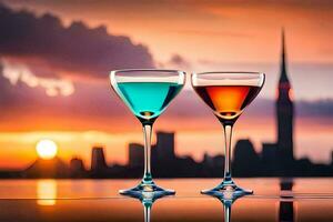 Due bicchieri di cocktail con il città orizzonte nel il sfondo. ai-generato foto