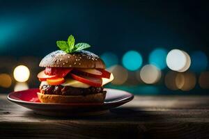 Hamburger su un' piatto con un' leggero sfondo. ai-generato foto