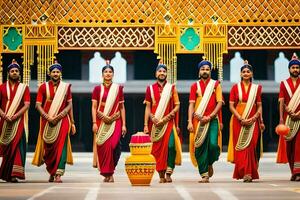 un' gruppo di indiano ballerini nel tradizionale abbigliamento. ai-generato foto