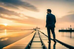 un' uomo nel un' completo da uomo sta su un' treno traccia a tramonto. ai-generato foto