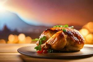 un' pollo su un' piatto con un' sfocato sfondo. ai-generato foto