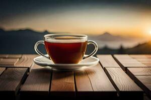 un' tazza di tè su un' di legno tavolo. ai-generato foto