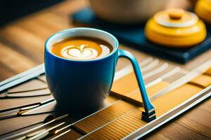 un' tazza di caffè con un' cucchiaio su un' di legno vassoio. ai-generato foto