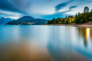 un' lago con montagne nel il sfondo. ai-generato foto