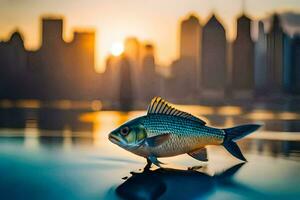 un' pesce è in piedi su il acqua con un' città nel il sfondo. ai-generato foto