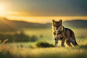 un' lince è in piedi nel il erba a tramonto. ai-generato foto