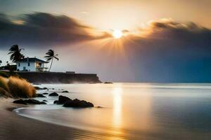 un' Casa su il spiaggia a tramonto. ai-generato foto