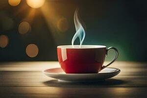 un' rosso tazza con un' cottura a vapore caldo tazza di caffè su un' di legno tavolo. ai-generato foto