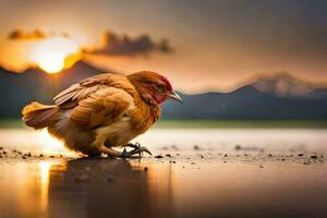 un' pollo è in piedi su il spiaggia a tramonto. ai-generato foto