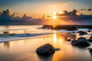 il sole sorge al di sopra di il oceano e rocce su il spiaggia. ai-generato foto