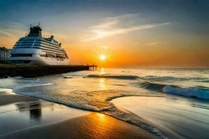 un' crociera nave su il spiaggia a tramonto. ai-generato foto