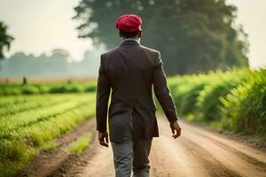 un' uomo nel un' completo da uomo e rosso berretto passeggiate giù un' sporco strada. ai-generato foto