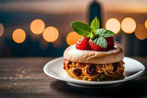 un' piatto con un' hamburger e un' fragola su esso. ai-generato foto