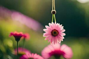 un' rosa fiore sospeso a partire dal un' corda. ai-generato foto