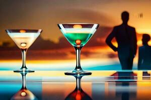 tre Martini bicchieri con un' silhouette di persone nel il sfondo. ai-generato foto