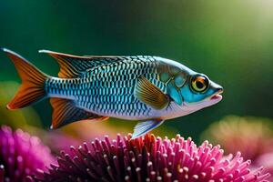 un' pesce è in piedi su superiore di un' fiore. ai-generato foto