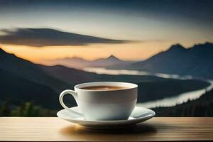 caffè tazza su il tavolo con montagne nel il sfondo. ai-generato foto