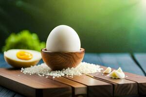 un uovo è seduta su superiore di riso e un' metà di un uovo è seduta su superiore di. ai-generato foto