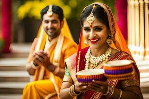 un' bellissimo indiano sposa e sposo siamo Tenere loro diyas. ai-generato foto