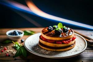 un' pila di Pancakes con frutti di bosco e frutti di bosco. ai-generato foto