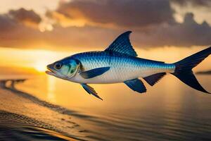 un' pesce è volante al di sopra di il oceano a tramonto. ai-generato foto