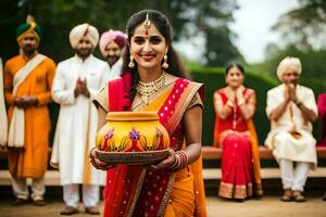 un' bellissimo indiano sposa Tenere un' pentola nel sua mano. ai-generato foto