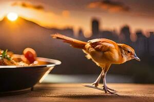 un' uccello è in piedi su un' tavolo con cibo. ai-generato foto