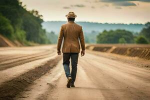 un' uomo nel un' cappello passeggiate giù un' sporco strada. ai-generato foto