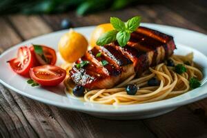 grigliato salmone con pasta e pomodori su un' di legno tavolo. ai-generato foto