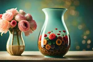 un' vaso con fiori nel esso e un' vaso con fiori nel esso. ai-generato foto