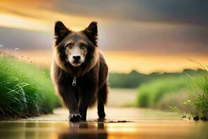 un' cane a piedi lungo un' sentiero nel il erba. ai-generato foto