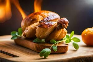 un' pollo su un' di legno taglio tavola con un' fuoco nel il sfondo. ai-generato foto