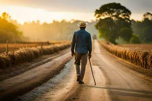 un' uomo a piedi giù un' sporco strada con canna. ai-generato foto