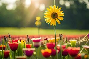 un' girasole sta su nel un' campo di colorato fiori. ai-generato foto