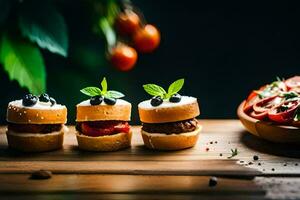 mini hamburger su un' di legno tavolo con pomodori e erbe aromatiche. ai-generato foto