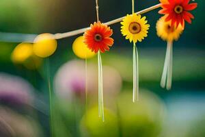 colorato fiori sospeso a partire dal un' corda. ai-generato foto