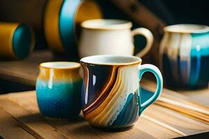 un' collezione di colorato ceramica tazze su un' tavolo. ai-generato foto