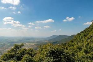 paesaggio della foresta tropicale della thailandia con sfondo di montagne e cielo blu foto