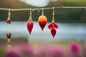 rosso e rosa fiori sospeso a partire dal un' ramo. ai-generato foto