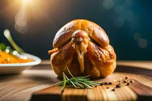 arrostito pollo su un' di legno taglio tavola. ai-generato foto